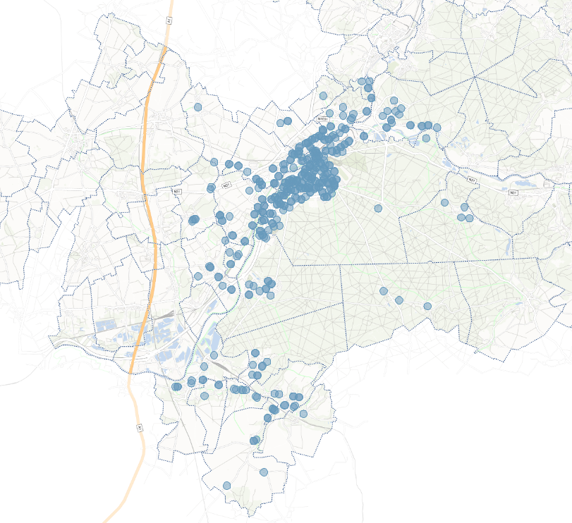 Aire de chalandise de 200m du réseaux de transport de l'Agglomération de la Région de Compiègne